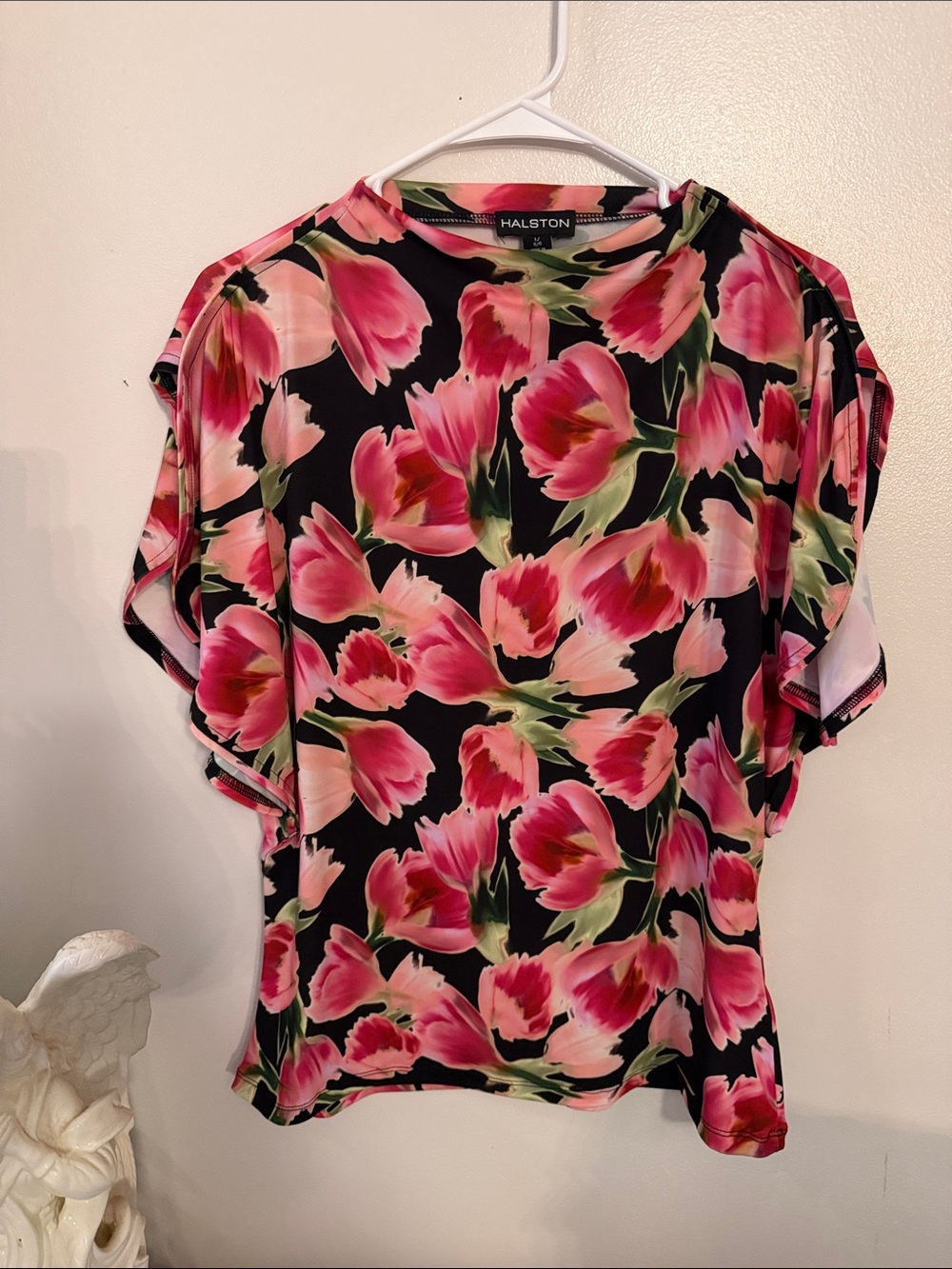 Halston Heritage Black & Pink Floral Flutter Sleeve Blouse